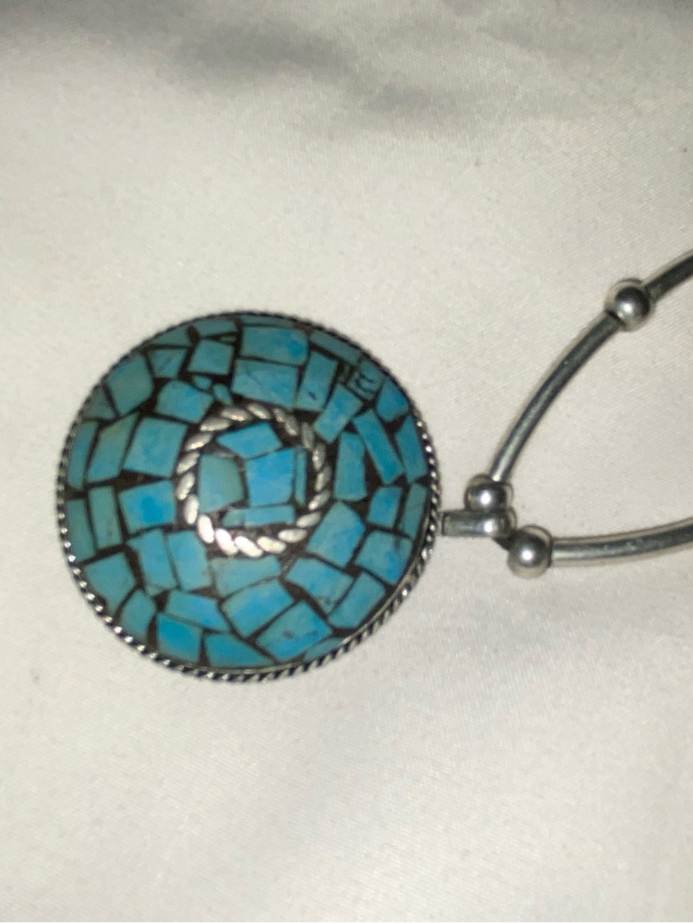 Turquoise Mosaic Round Pendant Necklace - Silver Tone